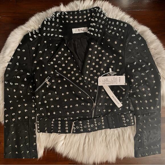 NEW CUSTOM Belted Studded Spike Rivet Moto Cropped Biker Jacket Black Un… - Picture 7 of 13